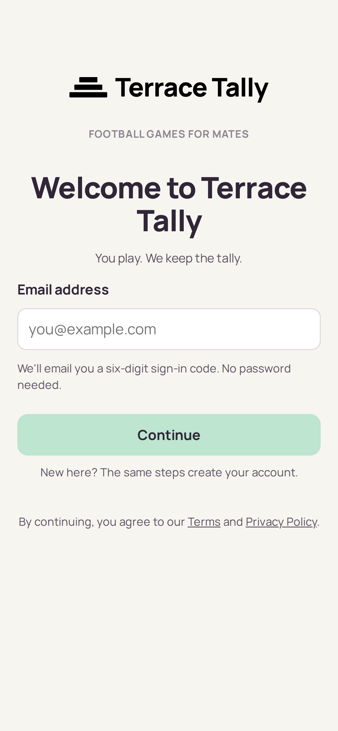 Terrace Tally sign-in screen asking for an email address, with a six-digit code to follow and no password