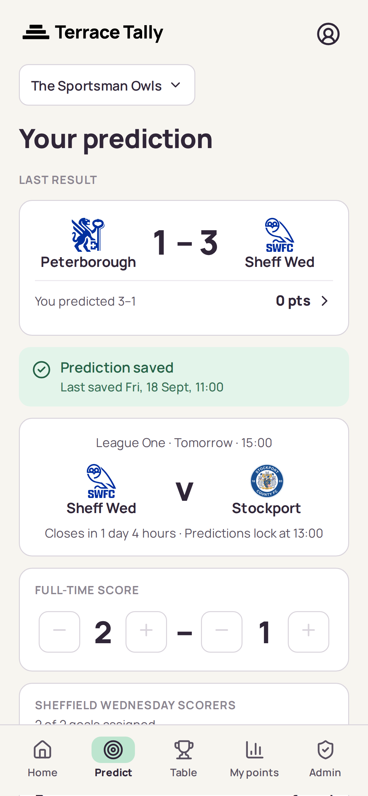 The Predict screen with the last result above the next fixture’s score form