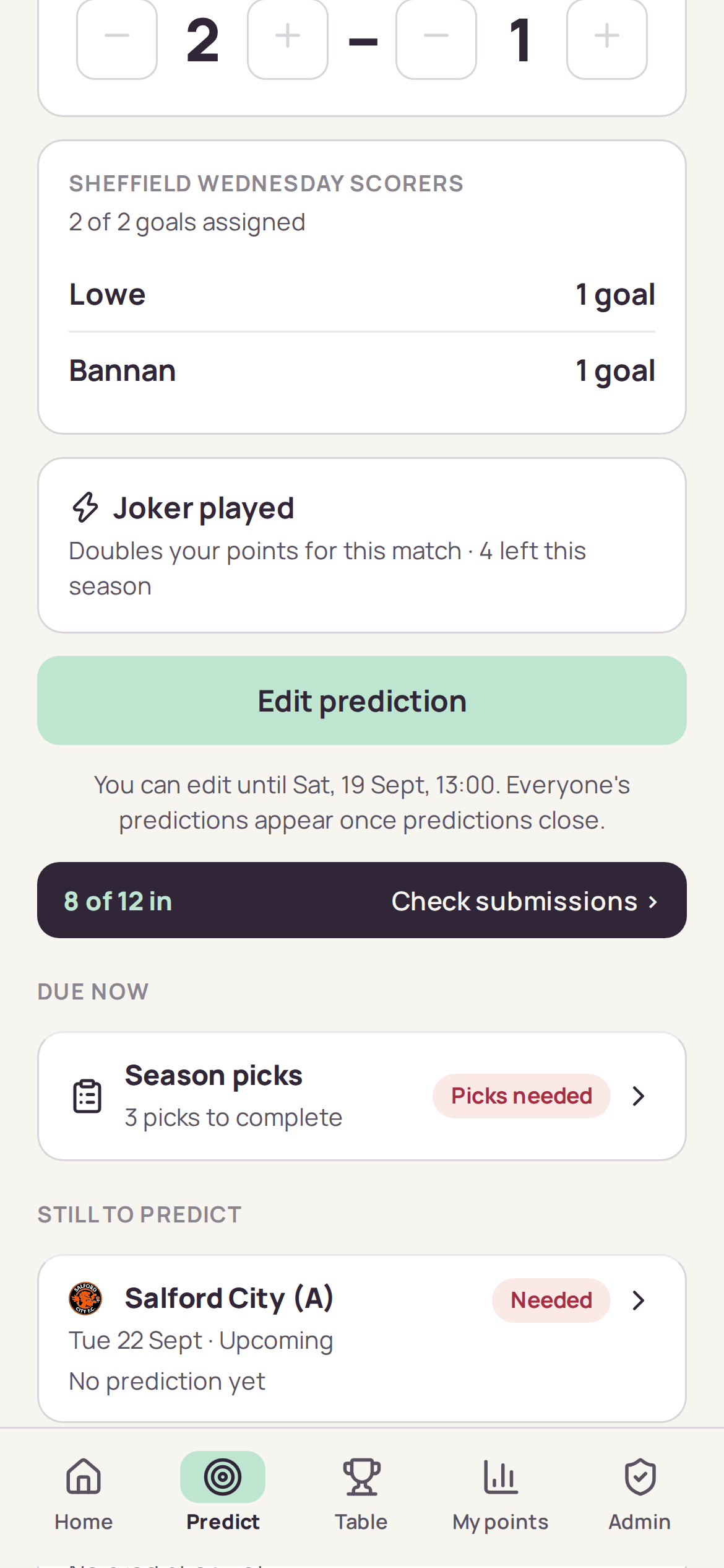 Choosing scorers for the predicted goals, with the Joker option and how many remain