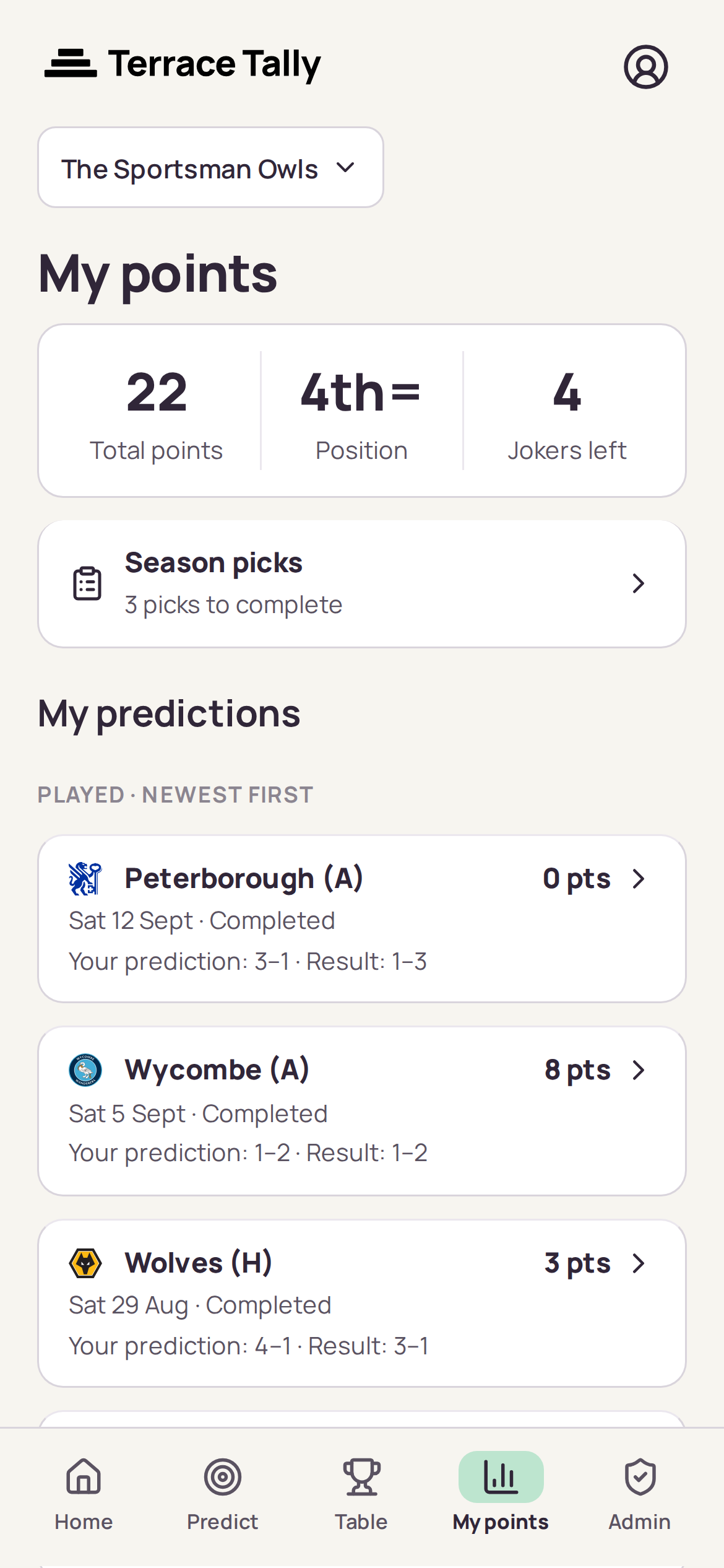 My points: total, position, Jokers left, and each fixture played