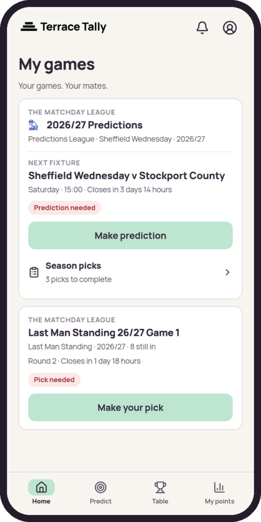 The Terrace Tally home screen with a Predictions League card and a Last Man Standing card