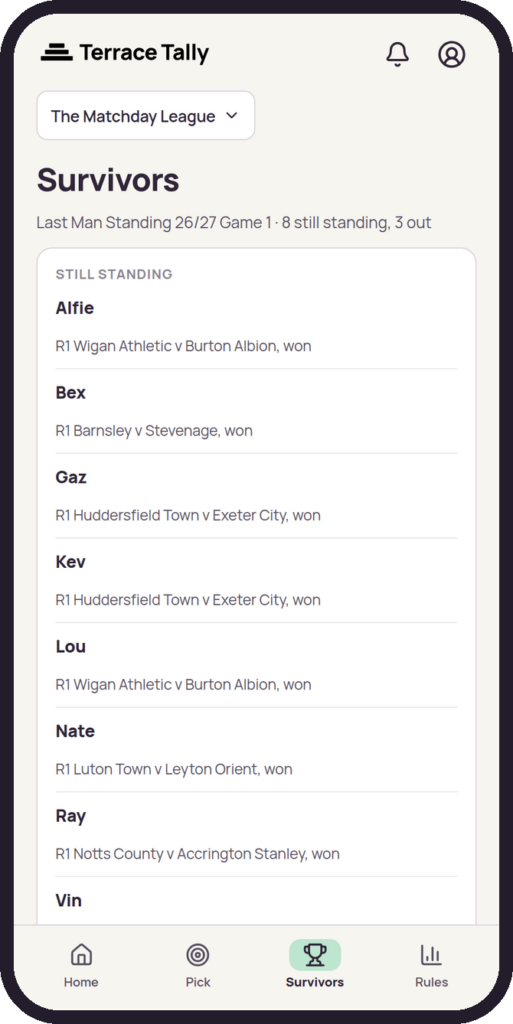 The Survivors screen, listing who is still in and who went out in round one