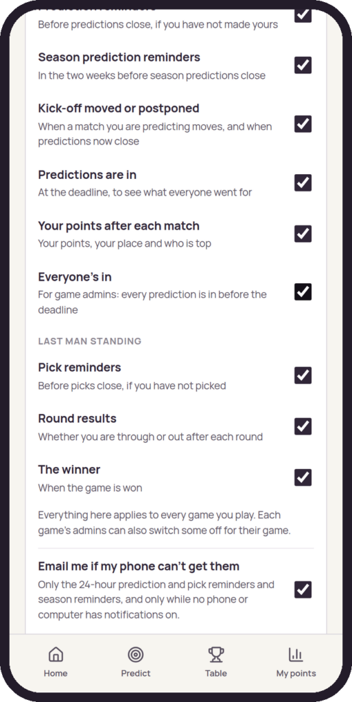 The Account screen, with notification choices grouped by game