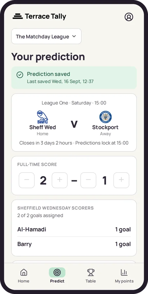 A phone screen showing the Terrace Tally prediction form with a score, goalscorers and a Joker toggle.